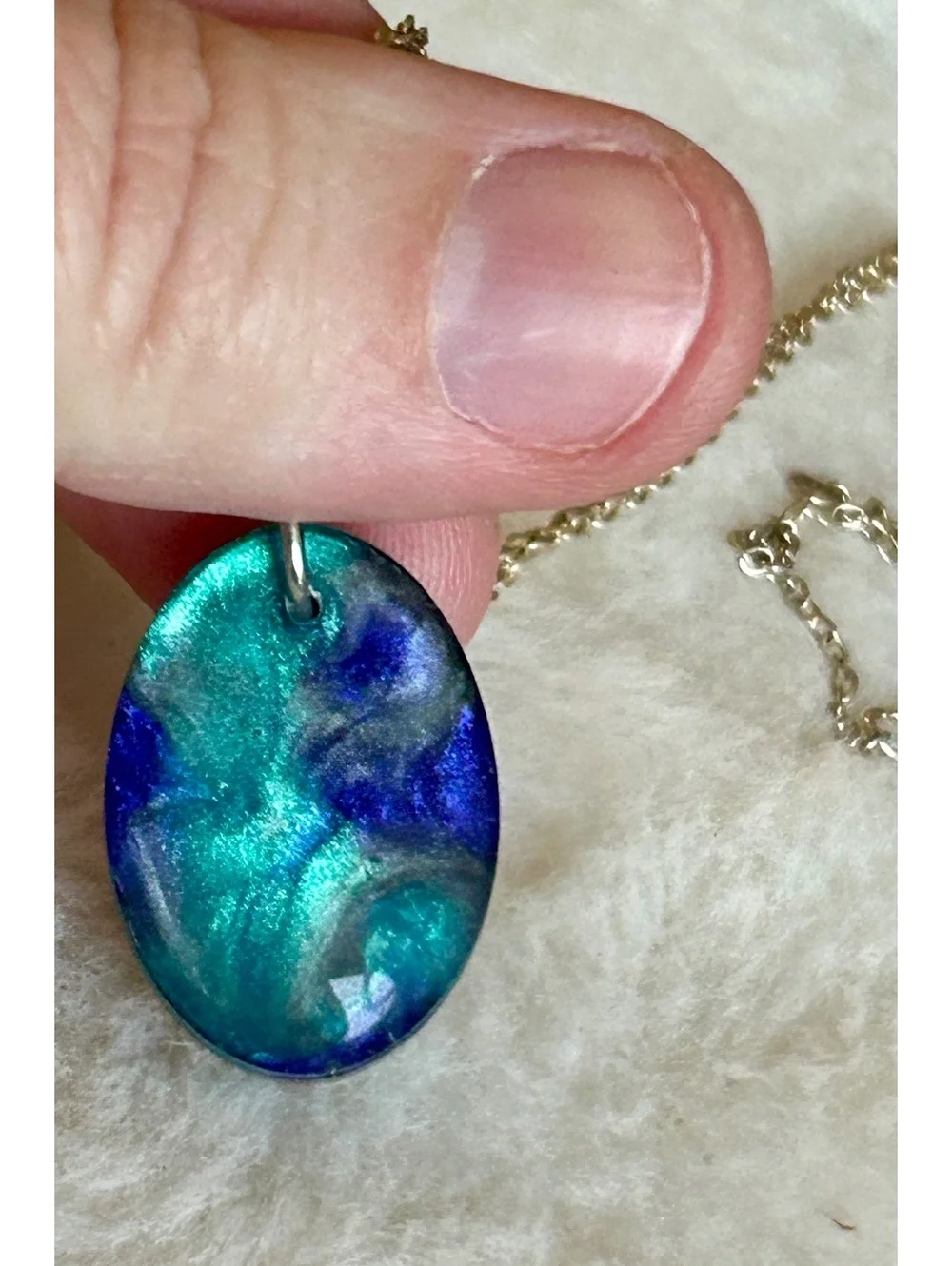 Resin Pendant Necklace with Blue and Green Swirl Design